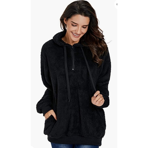 Tops - Black Fuzzy Hoodie Pullover Sweatshirt